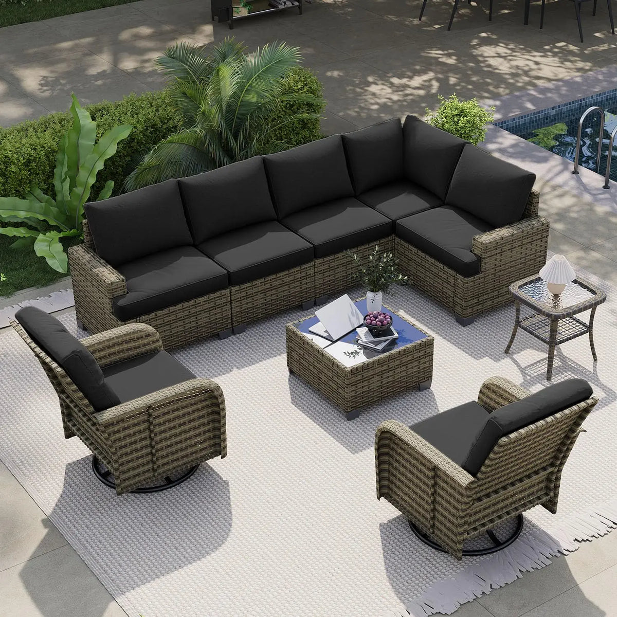 AOXUN Outdoor Rattan Sectional Sofa Set With Swivel Rockers