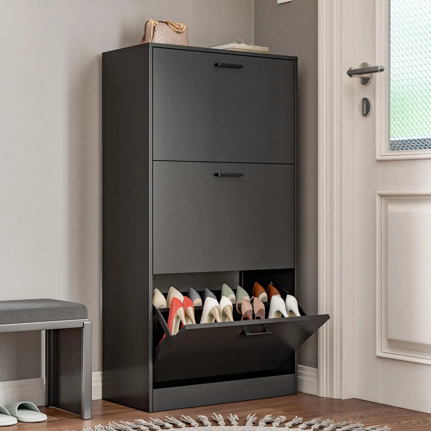 Wooden Freestanding Shoe Cabinet Flip Drawers Hidden Storage Organizer