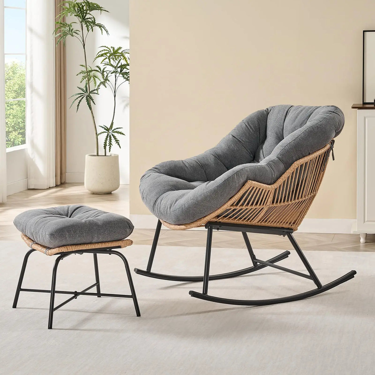 ONBRILL Papasan Rocking Chair With Ottoman Wicker Patio Lounge Rocker
