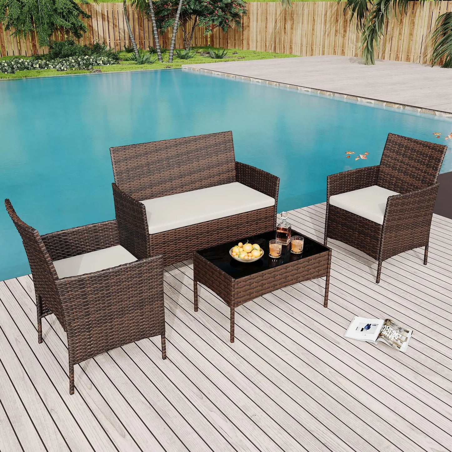 HiMISS Outdoor Patio Furniture Set Rattan Cushioned Sofa Glass Table