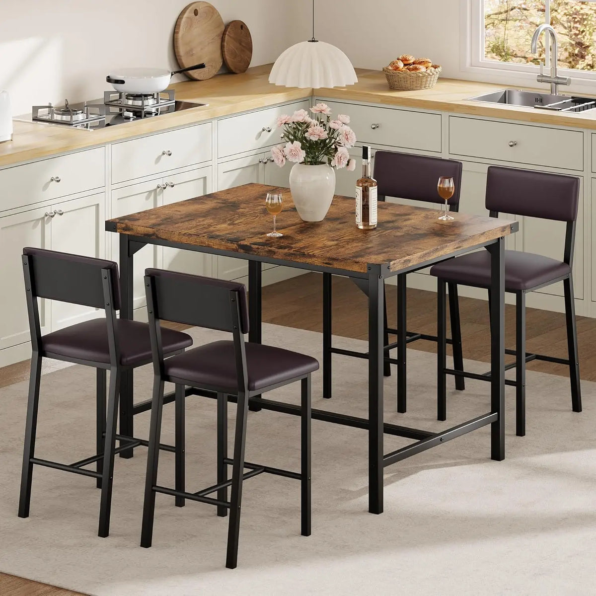 HiMiss 5 Piece Dining Table Set With Four Upholstered Chairs