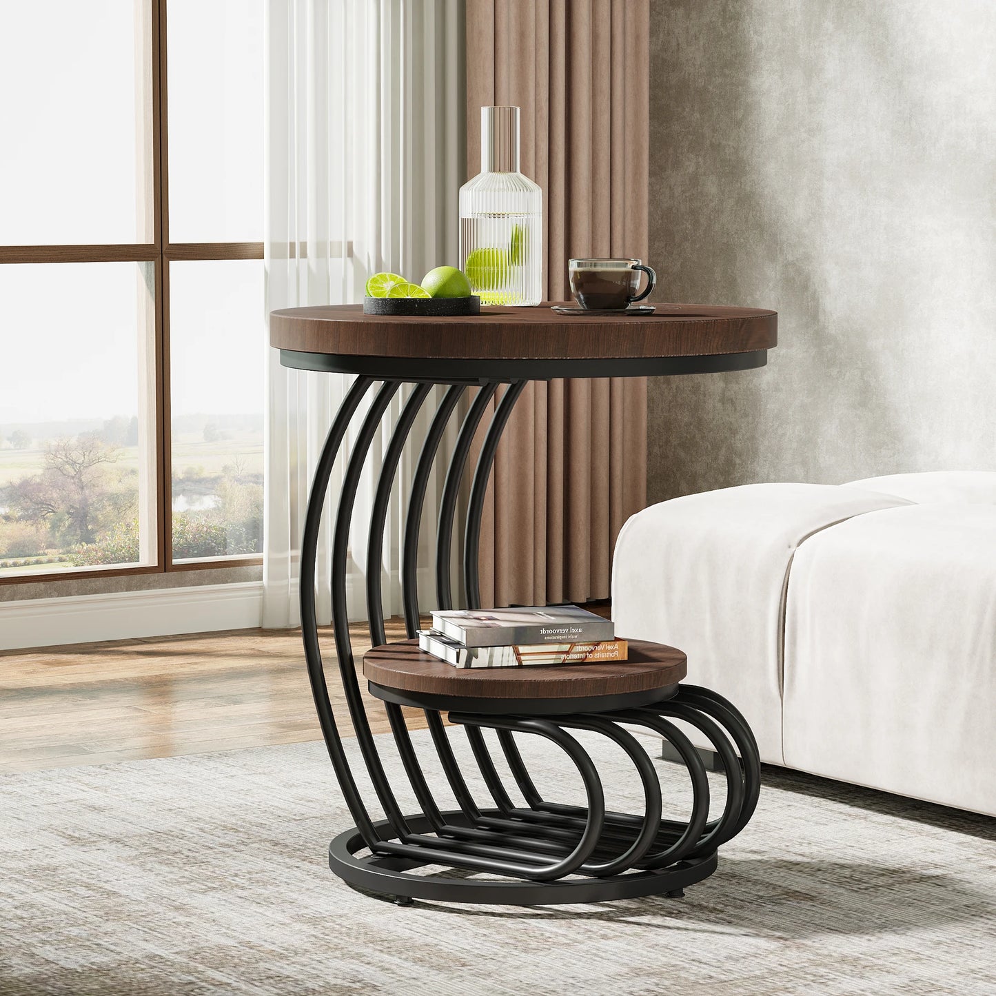 Tribesigns Round End Table Two Tiers Faux Marble Storage