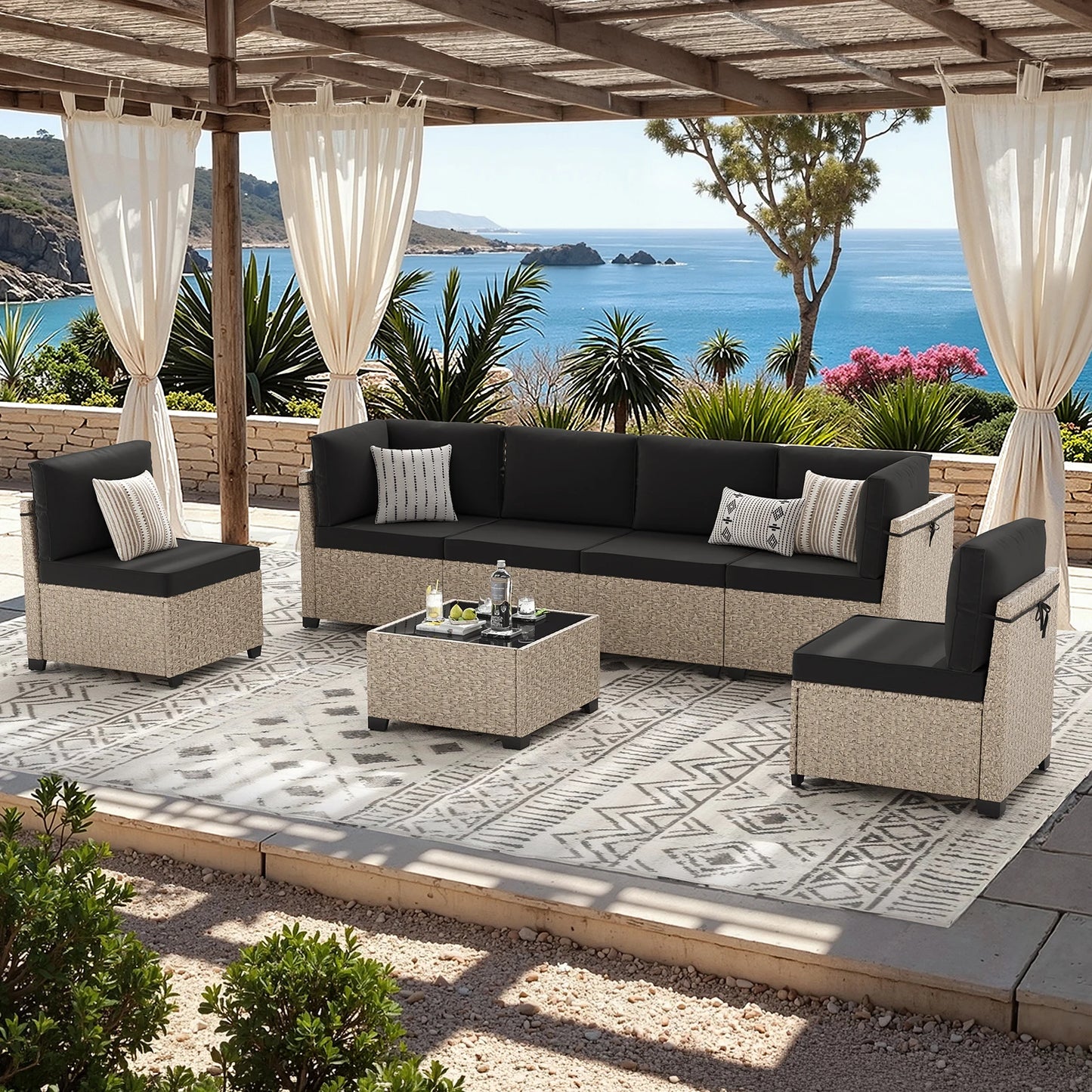 Outdoor 7-Piece Rattan Patio Set With Glass Table All Weather