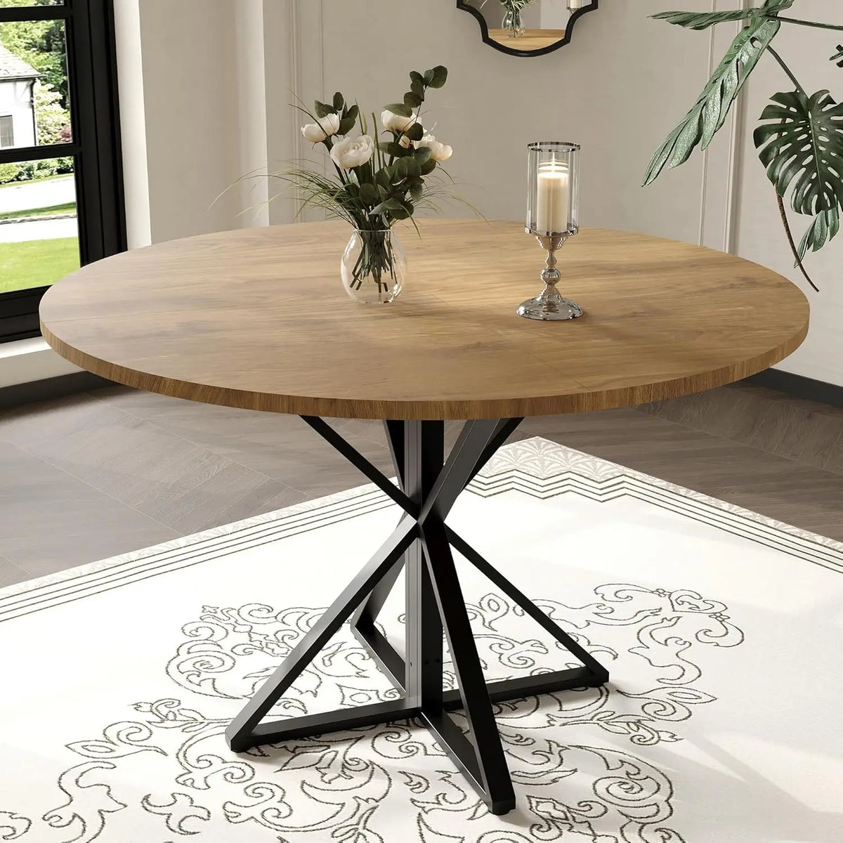 Twister Round Wooden Dining Table With Metal Pedestal Base
