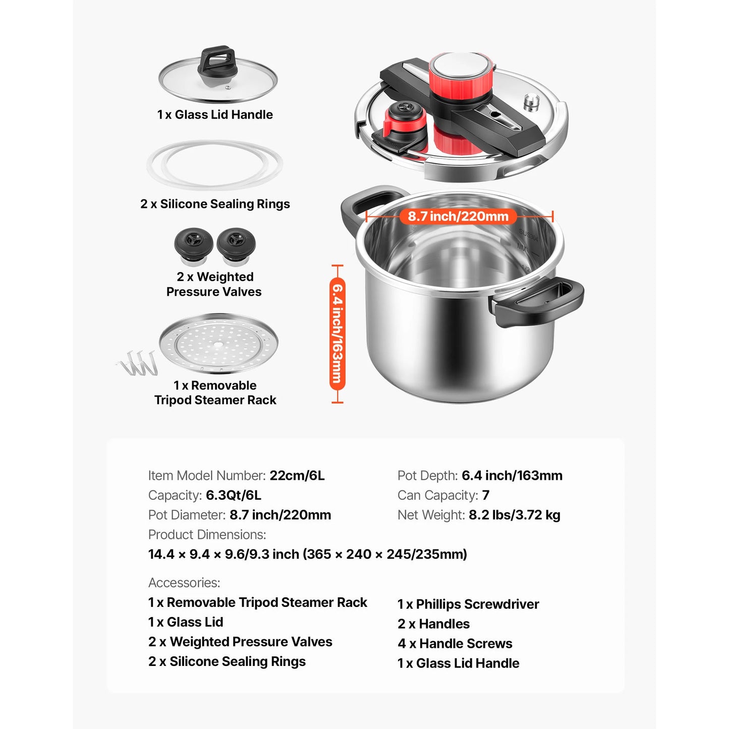 SucceBuy Stainless Steel Pressure Cooker With Steaming Rack Glass Lid