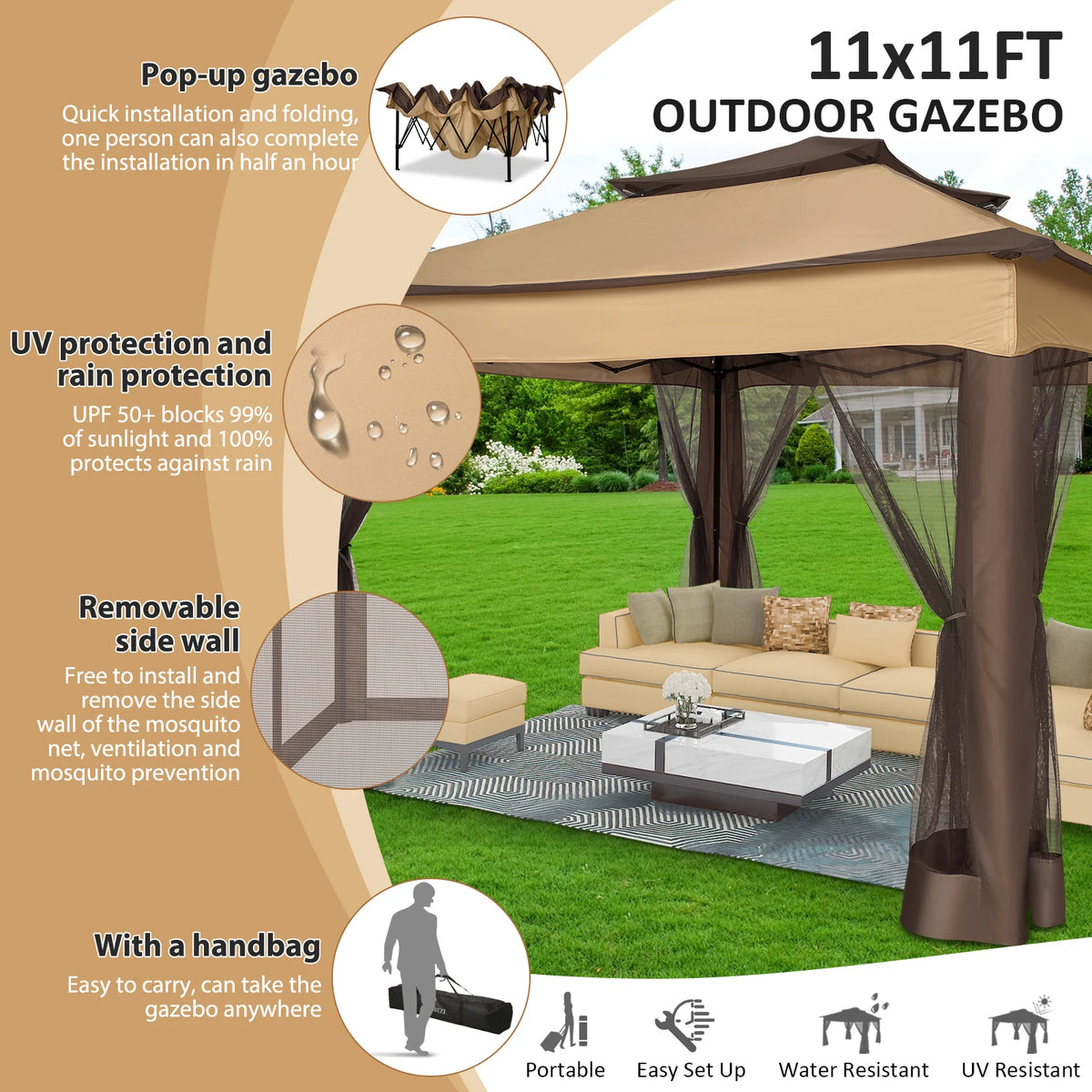 Tooluck Pop Up Outdoor Gazebo With Waterproof Mosquito Netting