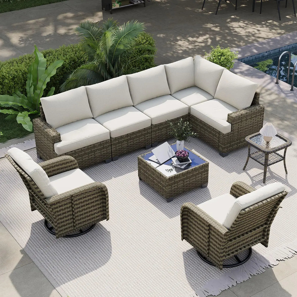 AOXUN Outdoor Rattan Sectional Sofa Set With Swivel Rockers