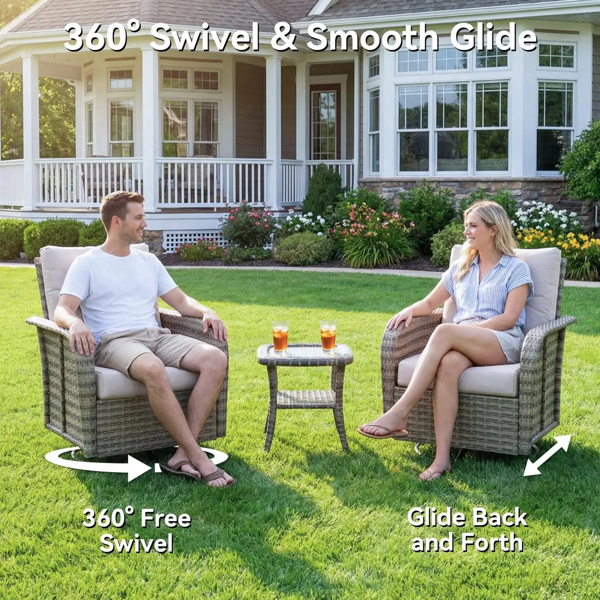AOXUN Outdoor Rattan Sectional Sofa Set With Swivel Rockers