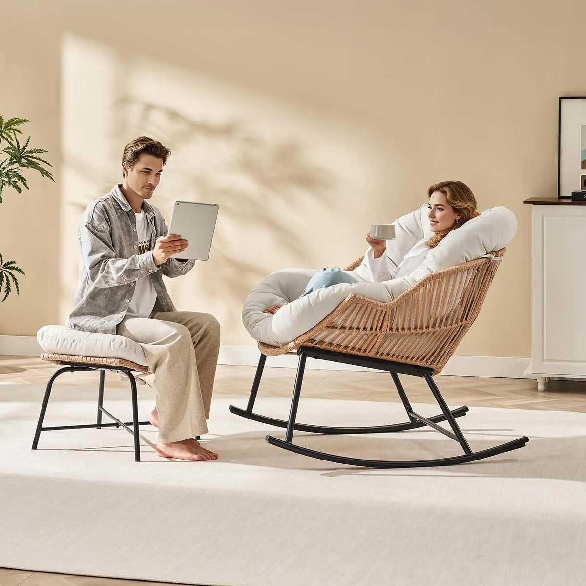 ONBRILL Rattan Papasan Rocking Chair With Ottoman For Indoor Outdoor Lounging