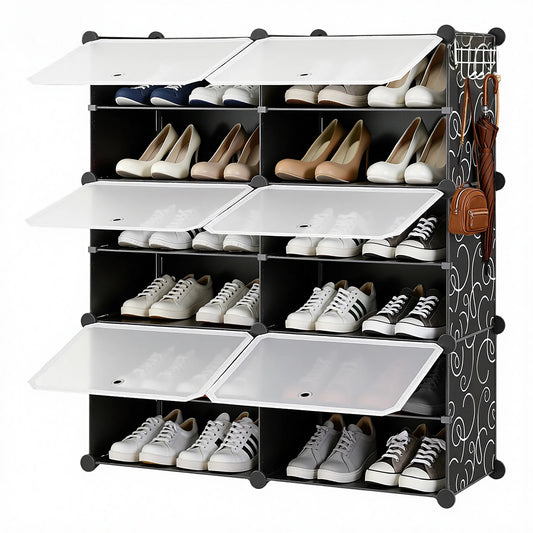 JHK Plastic Stackable Shoe Storage Cabinet Organizer With Door Assembly