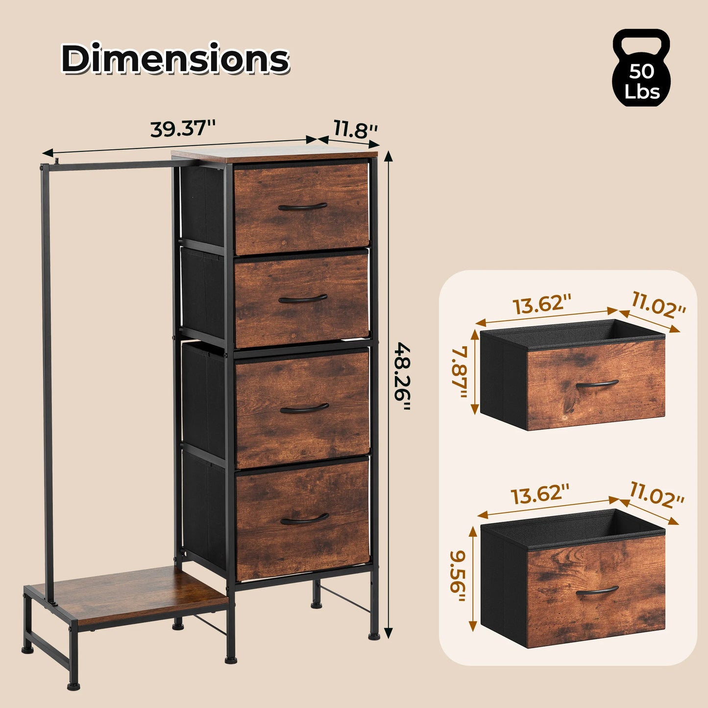 JHK Fabric Dresser Hanging Rack Shelf Living Room Storage Organizer