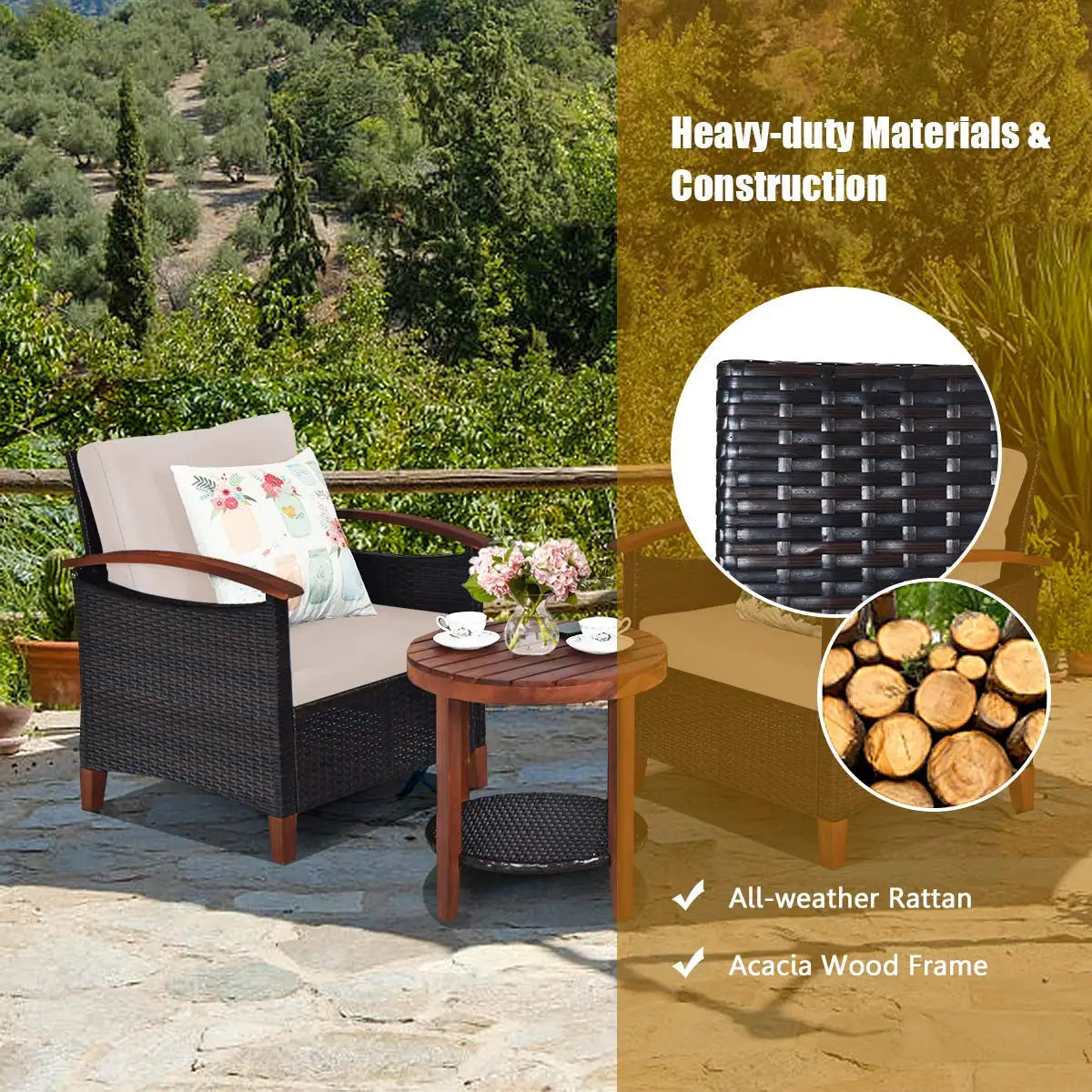 Outdoor Rattan Patio Set With Wood Top Table 3 Piece