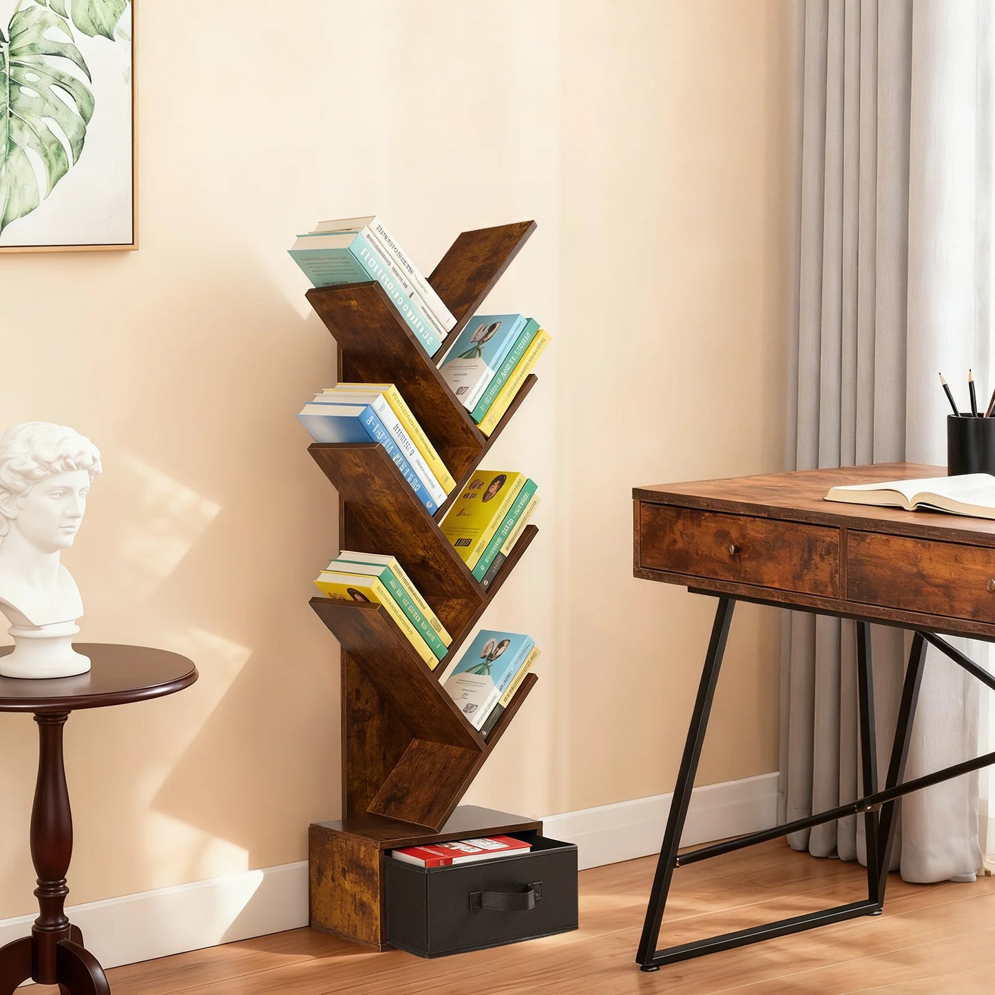 JHK 7-Tier Geometric Wooden Book Rack Bookcase For Small Spaces