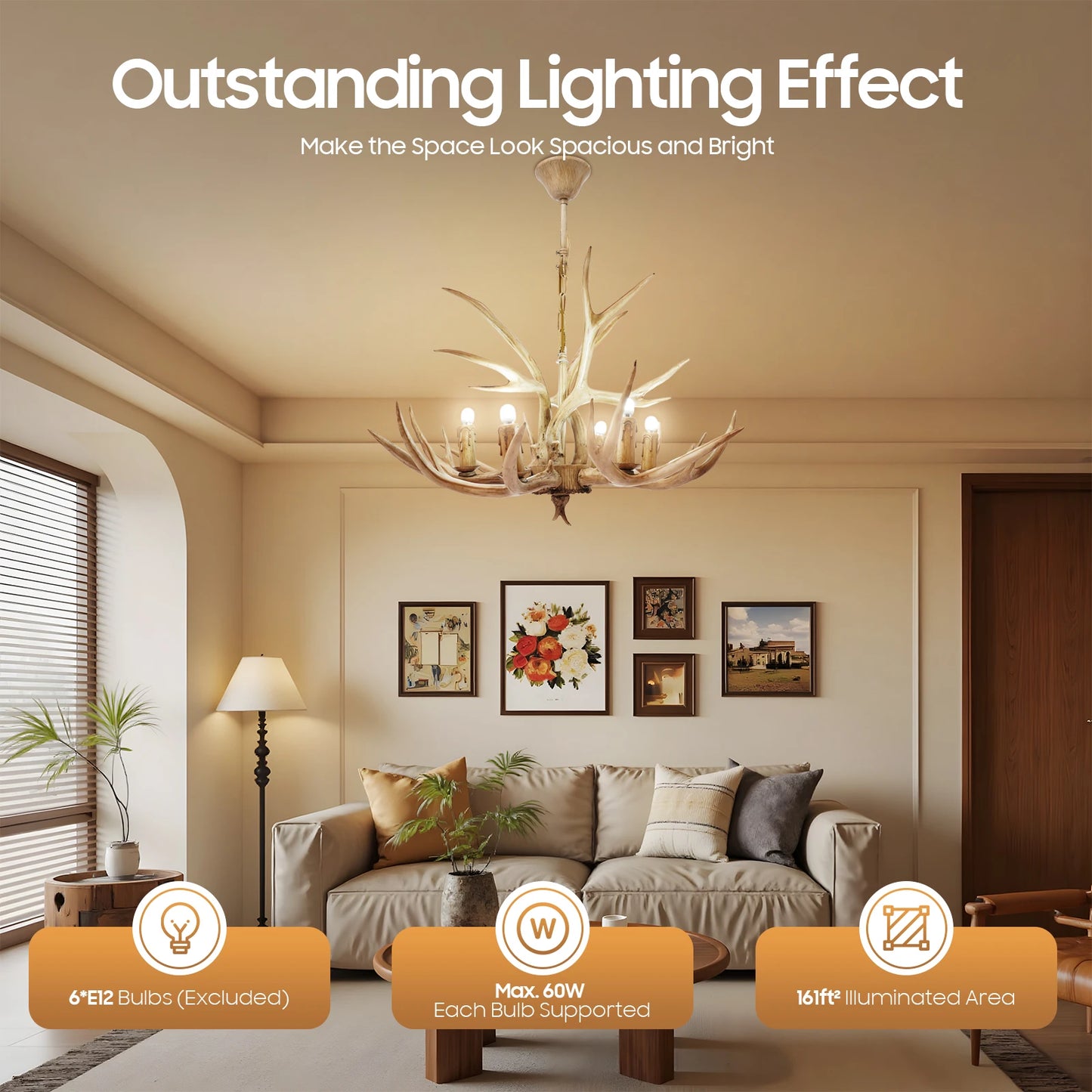Retro Resin Deer Antler Six Light Pendant Ceiling Lamp