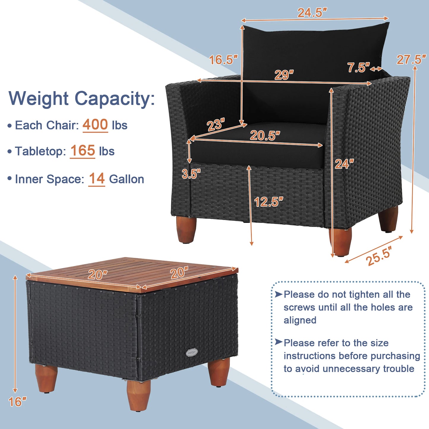 HOMASIS 3-Piece Patio Rattan Furniture Set Cushioned Sofa Storage Table