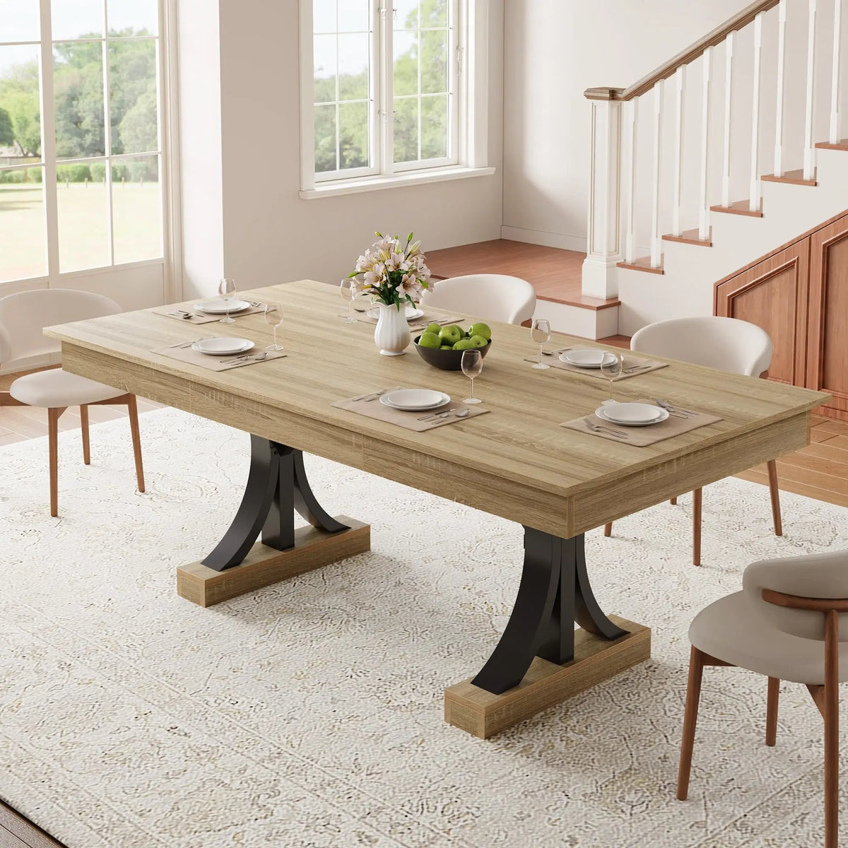 HiMISS Industrial Dining Table With Double Pedestal And Storage Drawers