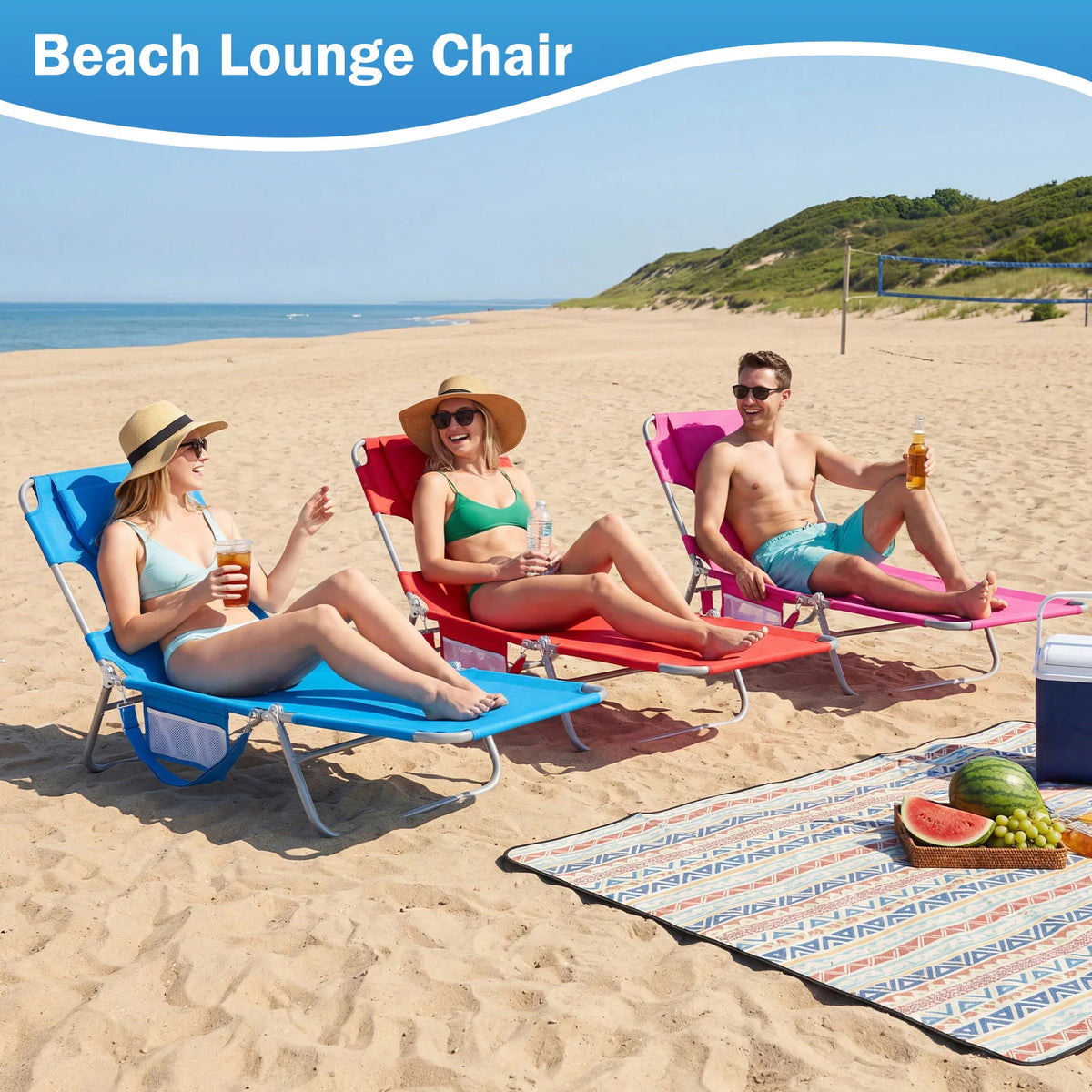 JHK Adjustable Folding Beach Lounge Chair With Face Arm Holes