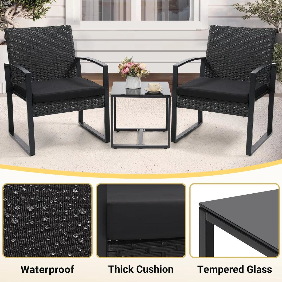 TUAREX Outdoor Wicker Bistro Conversation Set With Cushioned Coffee Table