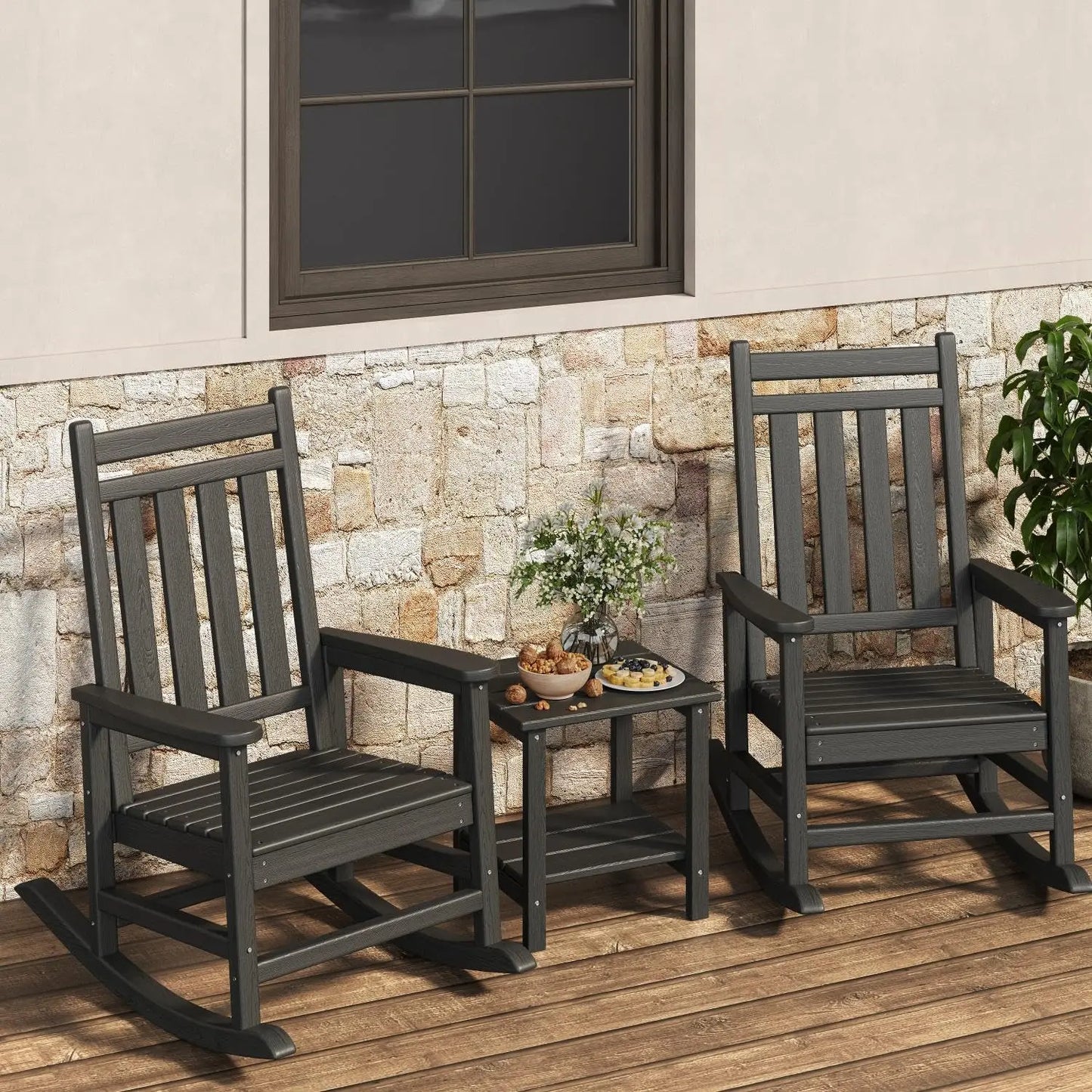 HDPE Rocking Chair Set Of 2 With Side Table Outdoor