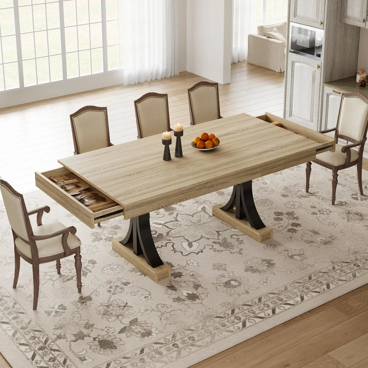 HiMISS Industrial Dining Table With Double Pedestal And Storage Drawers