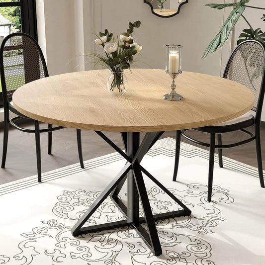 Twister Round Wooden Dining Table With Metal Pedestal Base