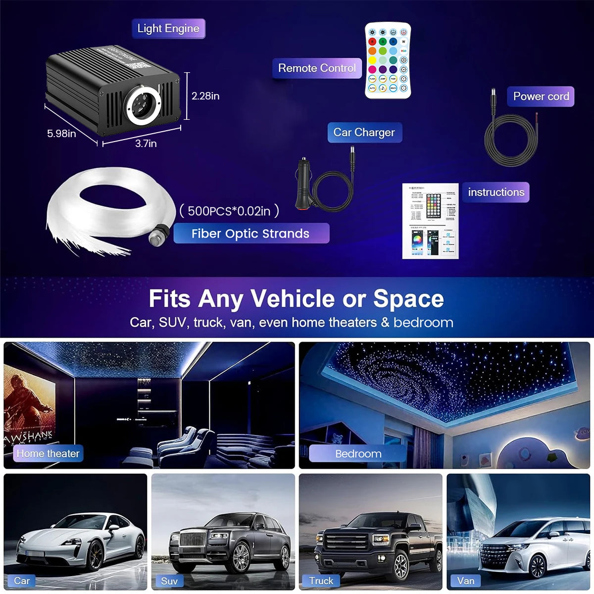 VASTFIRE RGBW Fiber Optic Starlight Headliner Kit With Music Sync