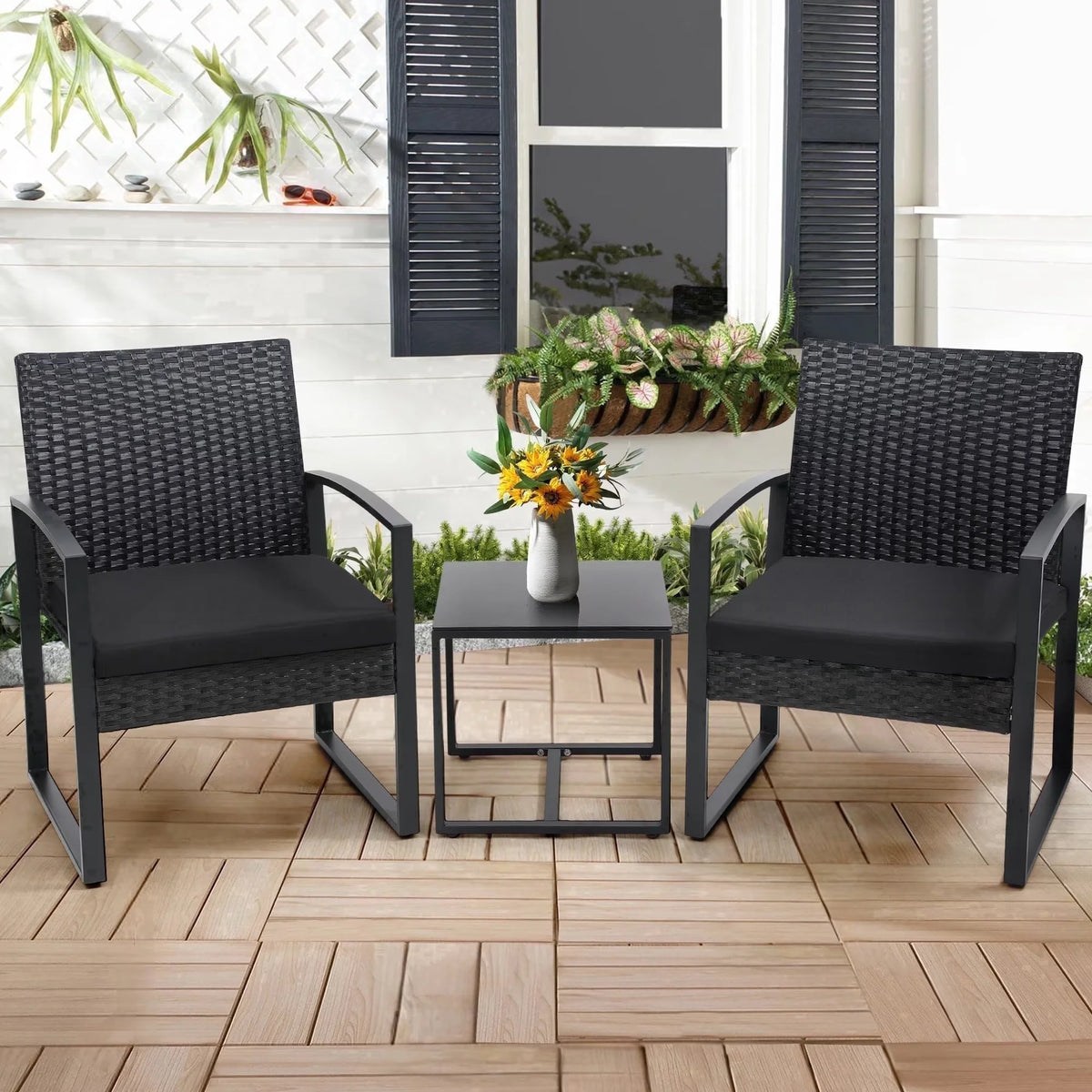 TUAREX Outdoor Wicker Bistro Conversation Set With Cushioned Coffee Table
