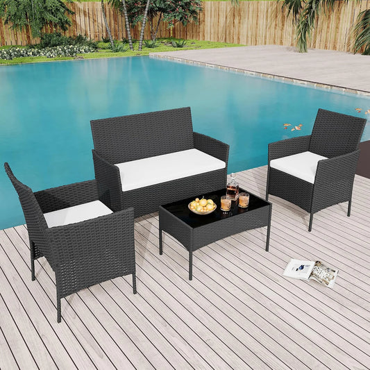 HiMISS Outdoor Patio Furniture Set Rattan Cushioned Sofa Glass Table