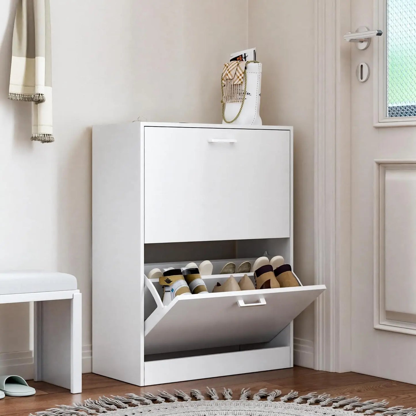 Wooden Freestanding Shoe Cabinet Flip Drawers Hidden Storage Organizer