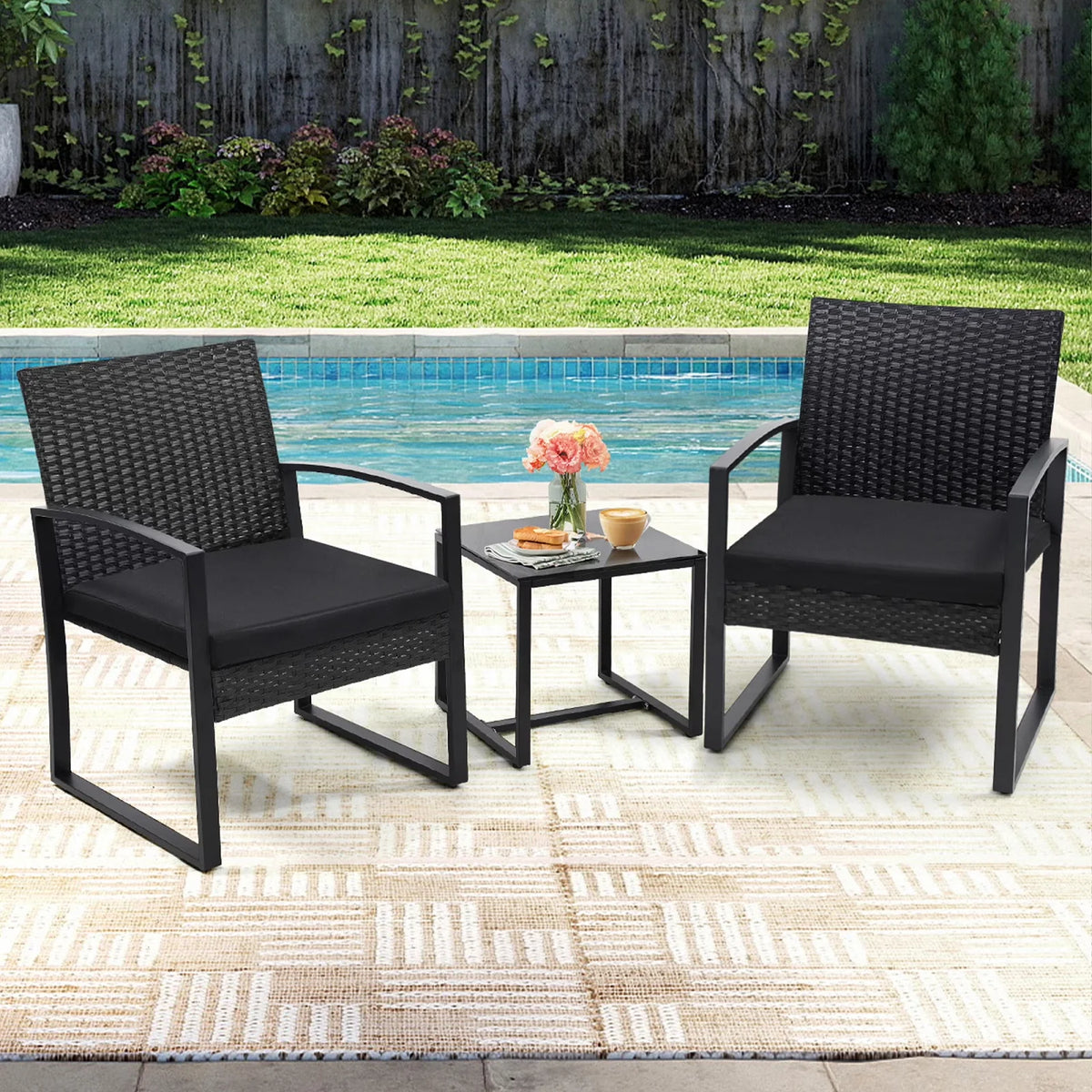 TUAREX Outdoor Wicker Bistro Conversation Set With Cushioned Coffee Table