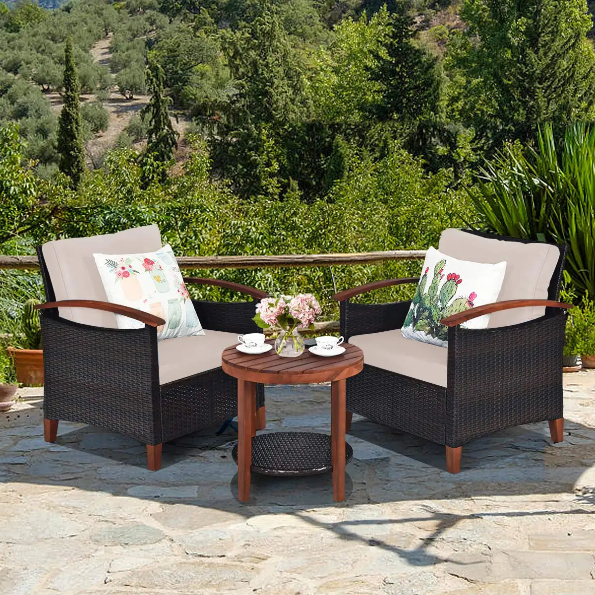 Outdoor Rattan Patio Set With Wood Top Table 3 Piece