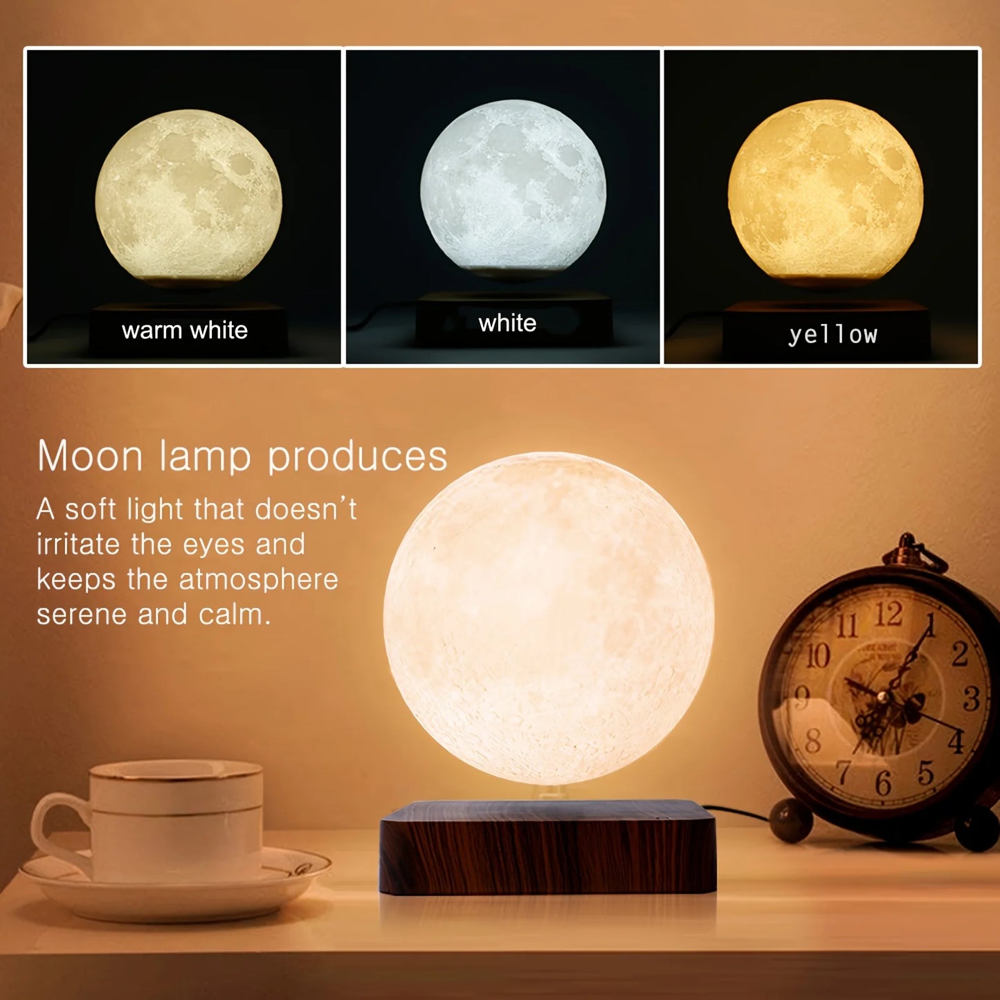 Mexllex Floating Moon Lamp With Wooden Base 3 Color LED Night Light