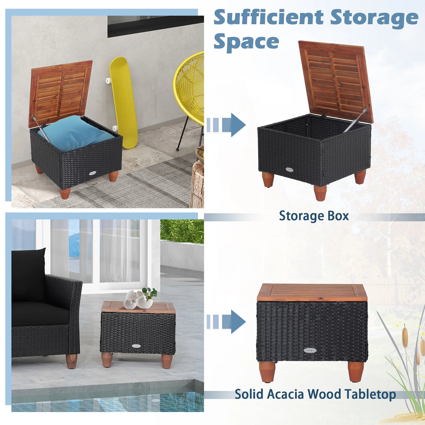 HOMASIS 3-Piece Patio Rattan Furniture Set Cushioned Sofa Storage Table