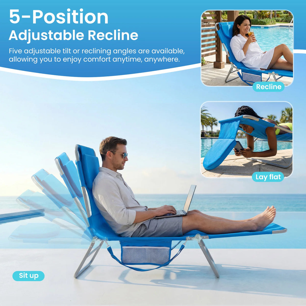 JHK Adjustable Folding Beach Lounge Chair With Face Arm Holes