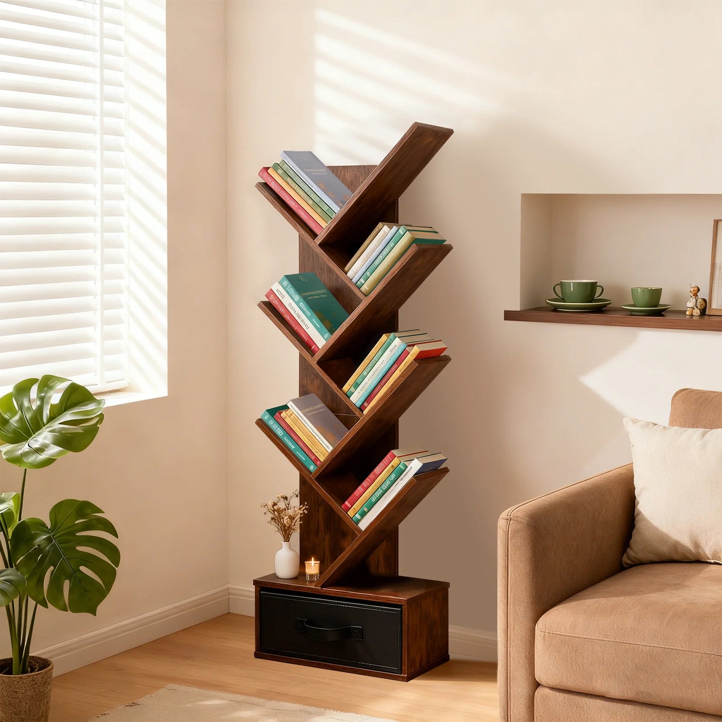 JHK 7-Tier Geometric Wooden Book Rack Bookcase For Small Spaces