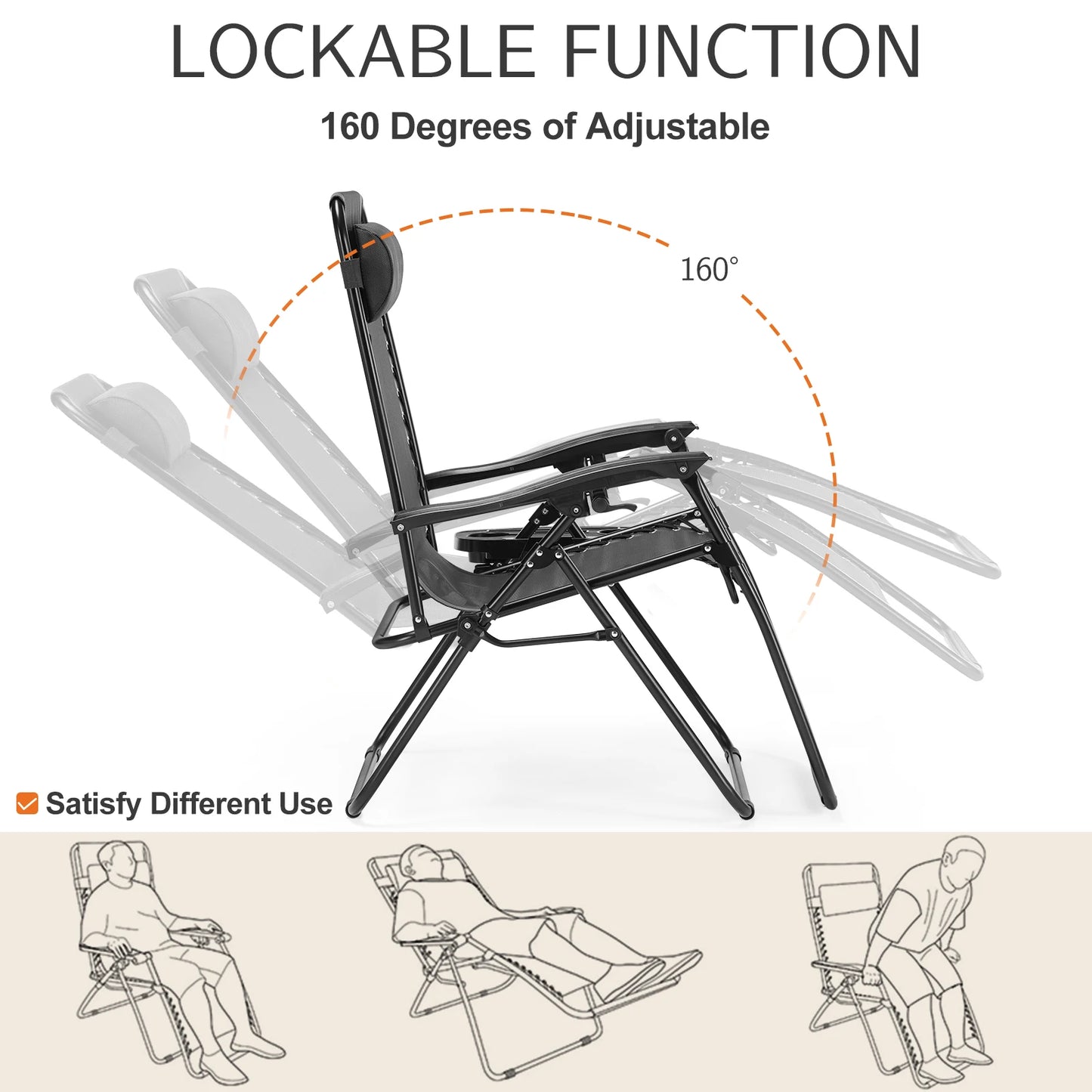 JHK Zero Gravity Portable Recliner Outdoor Lounge Chair With Cup Holder Trays