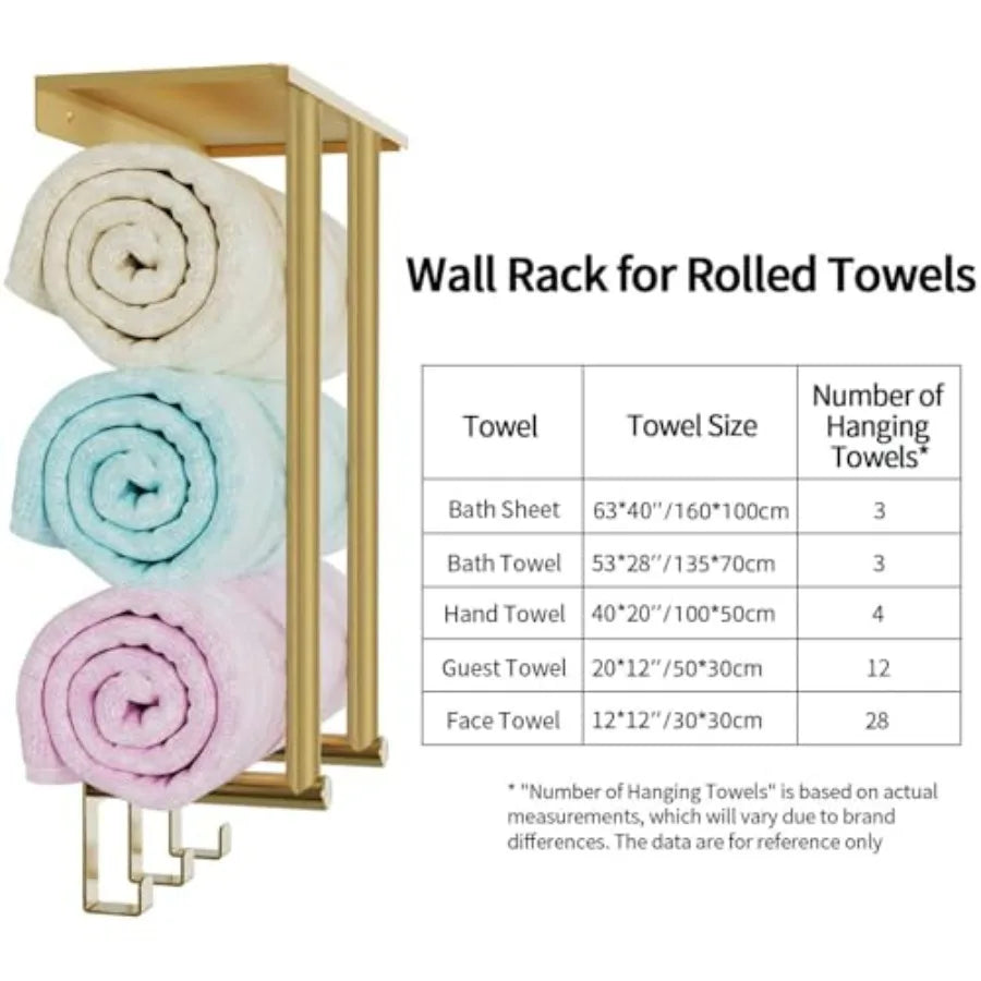 Wall Mounted Metal Towel Rack Shelf Hooks Bathroom Storage Holder