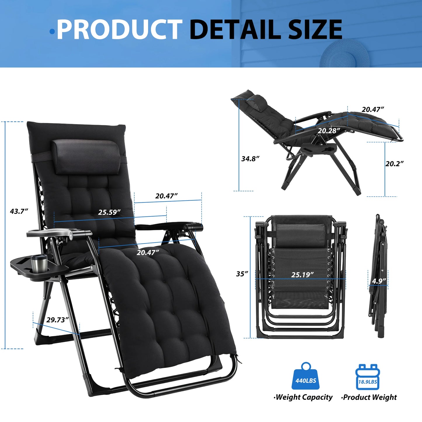 Zero Gravity Cushioned Lounge Chair Outdoor Folding Camping Cup Holder