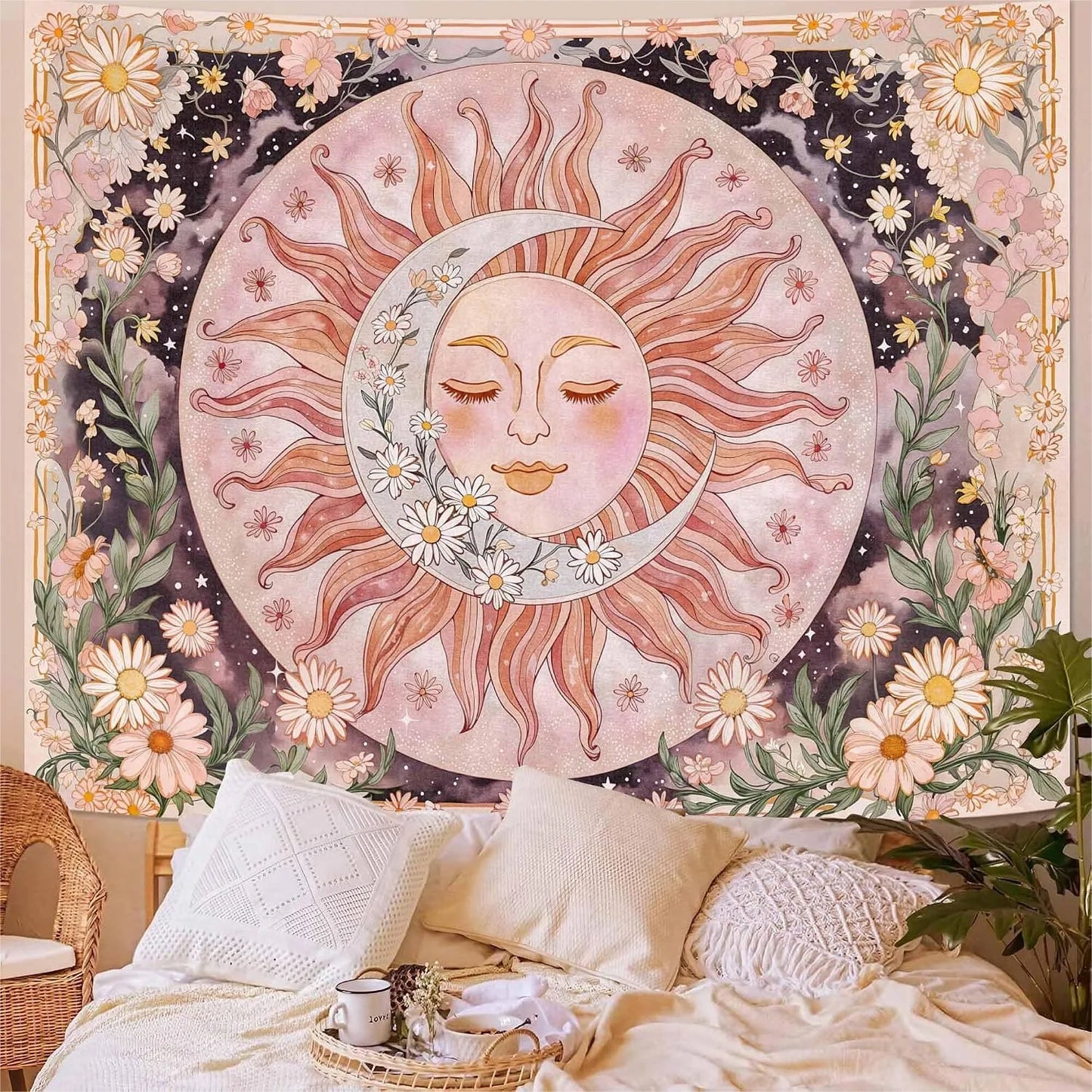 Boho Daisy Tapestry Sun Moon Wall Art For Living Room