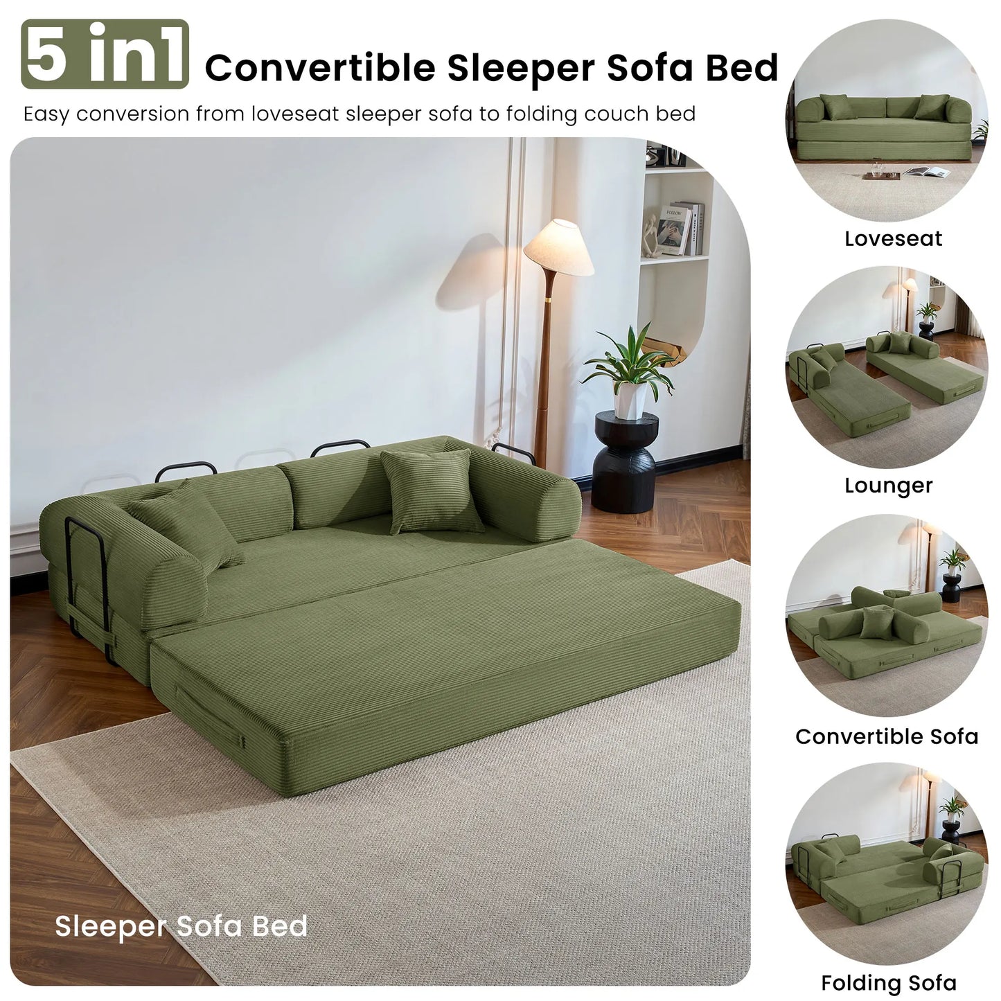 Corduroy Upholstered Convertible Sofa Bed Loveseat Sleeper Living Room