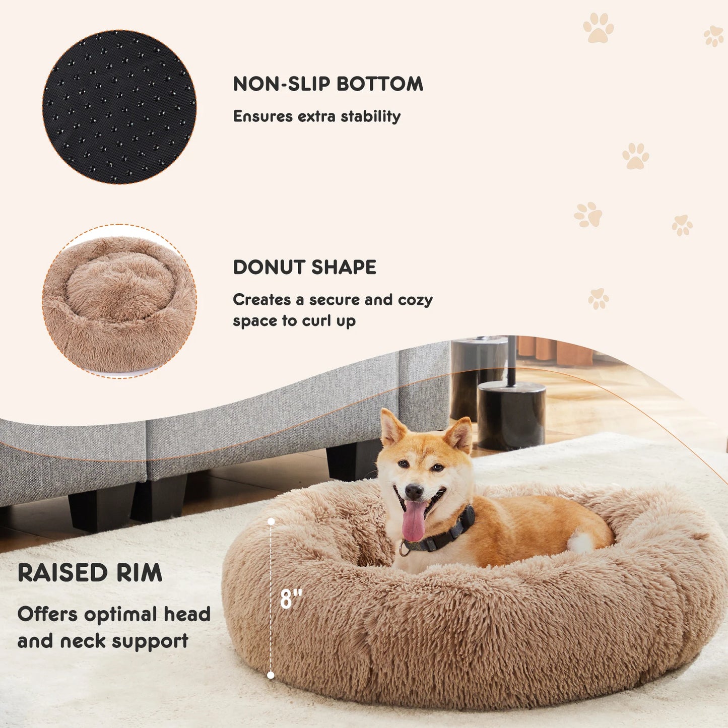 JHK Calming Dog Bed Plush Faux Fur Anti Slip Washable