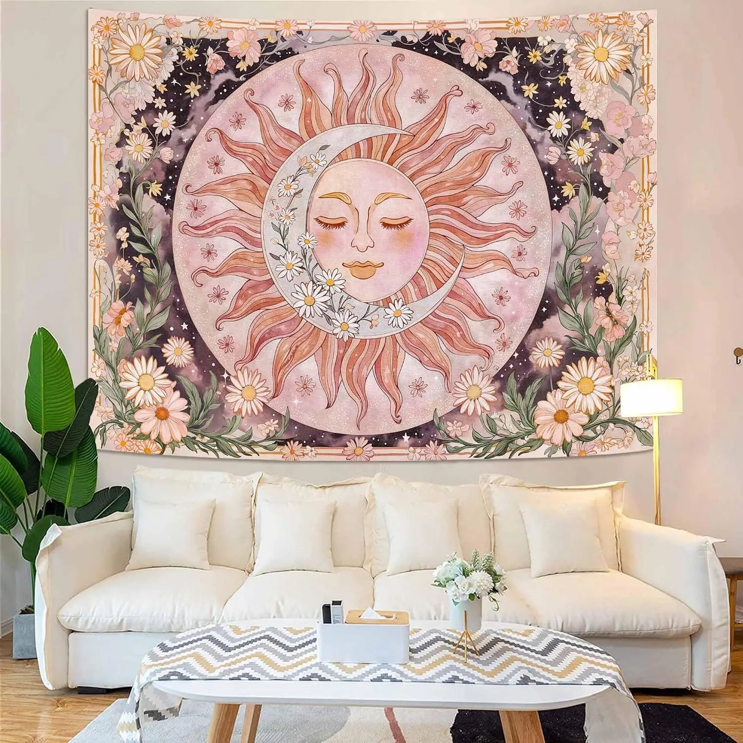 Boho Daisy Tapestry Sun Moon Wall Art For Living Room