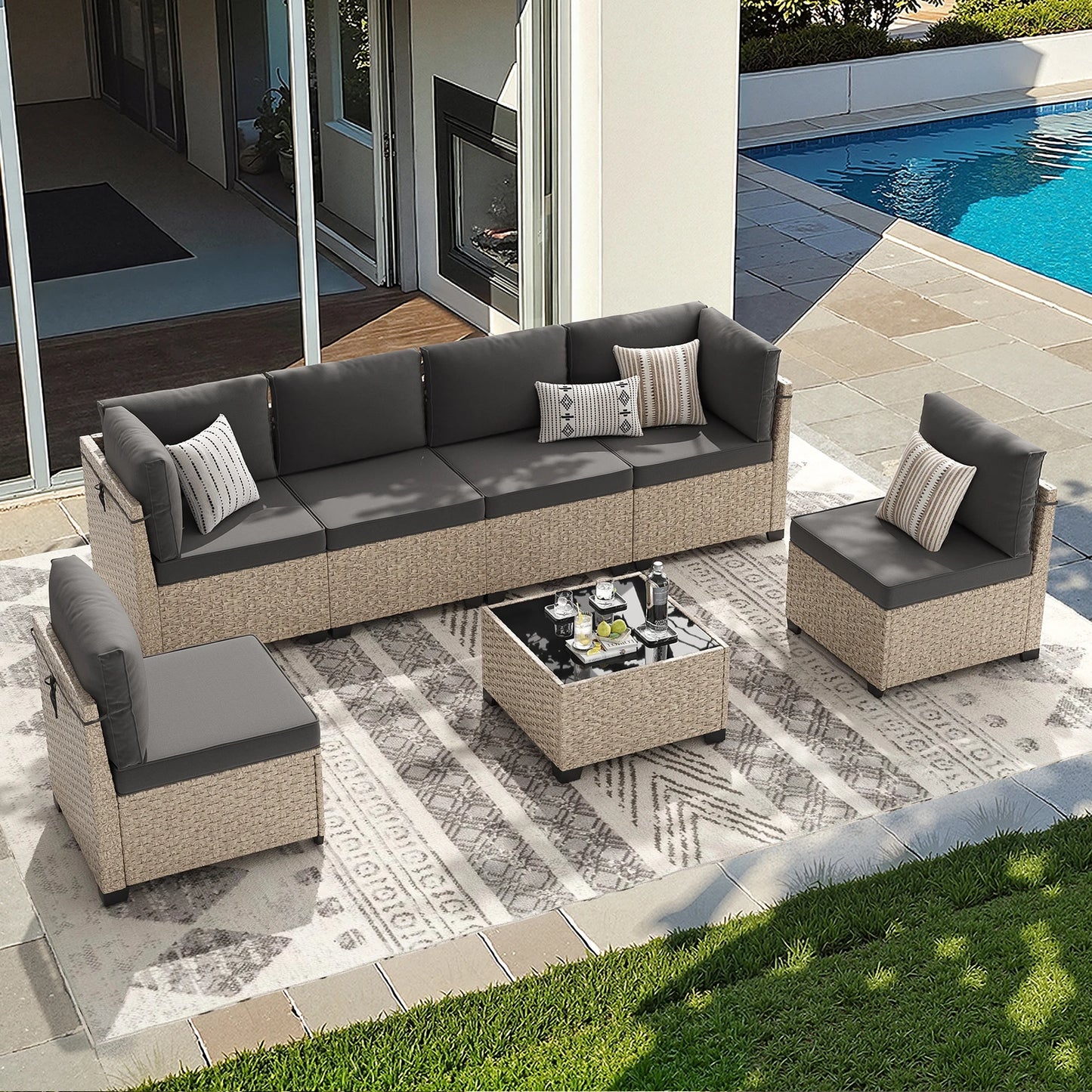 Outdoor 7-Piece Rattan Patio Set With Glass Table All Weather