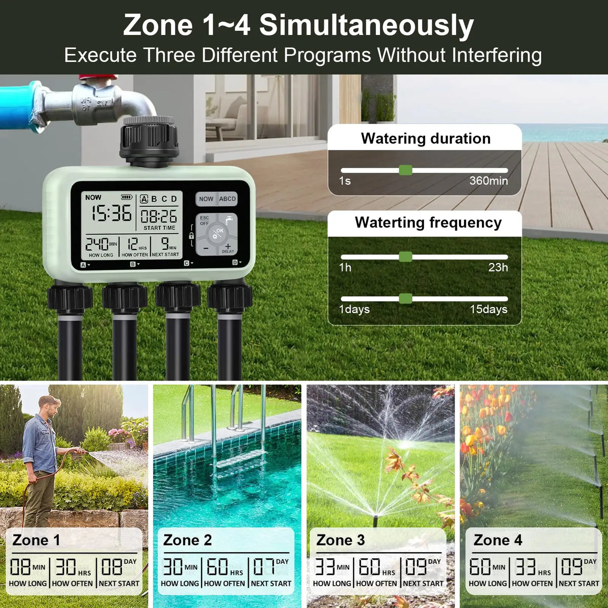 Four Zone Programmable Garden Sprinkler Watering Timer With Rain Delay