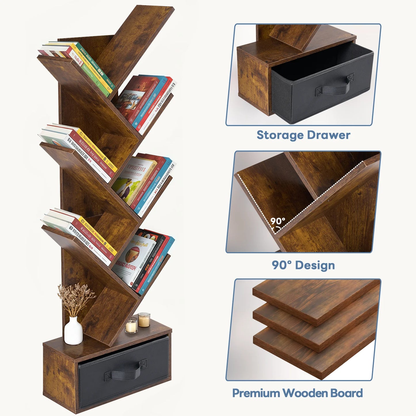 JHK 7-Tier Geometric Wooden Book Rack Bookcase For Small Spaces
