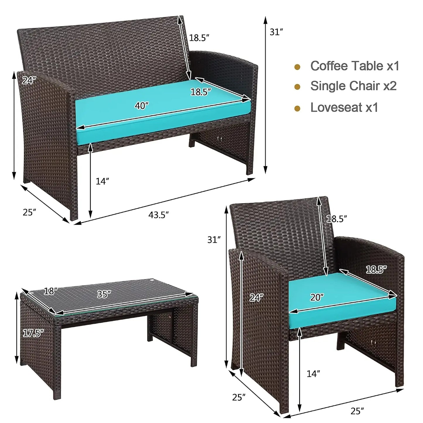 Wicker Patio Furniture Set Outdoor PE Rattan 4 Piece Conversation
