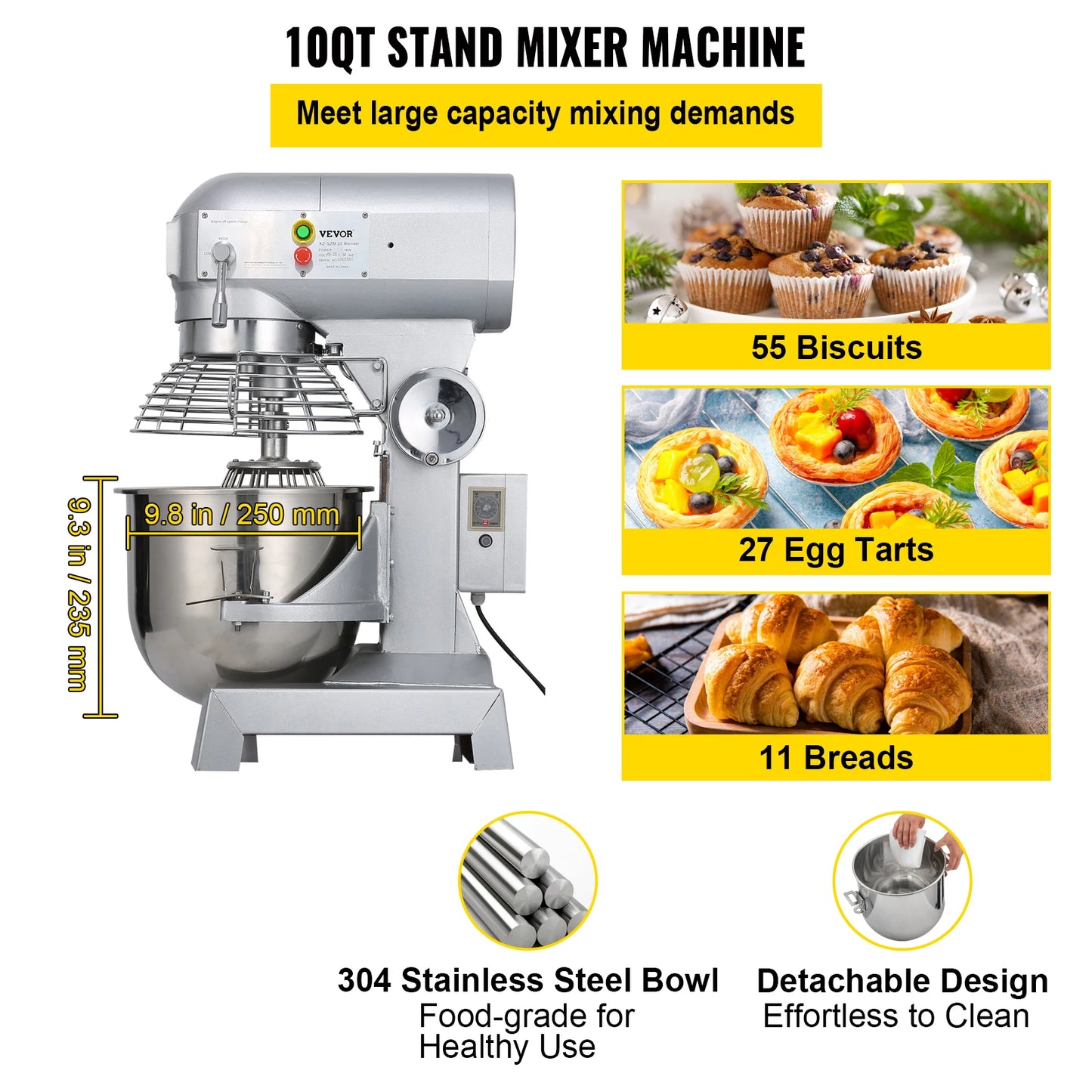 SucceBuy Commercial Food Mixer 3 Speed Stainless Steel Bowl