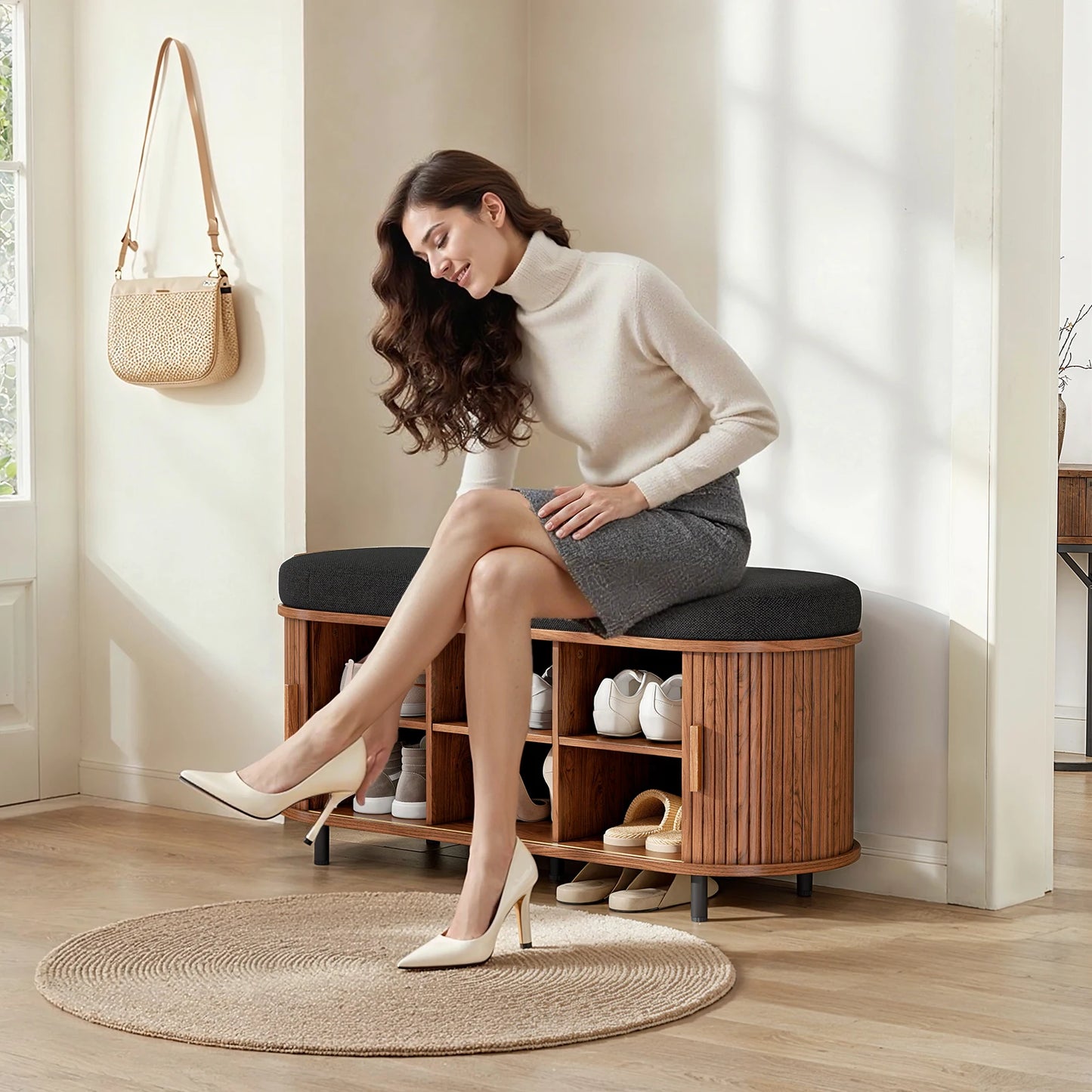 Wooden Shoe Storage Bench With Cushion Sliding Door Entryway Organizer