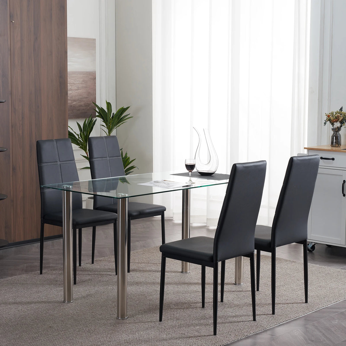 Modern Synthetic Leather High Backrest Dining Chairs Set of Four