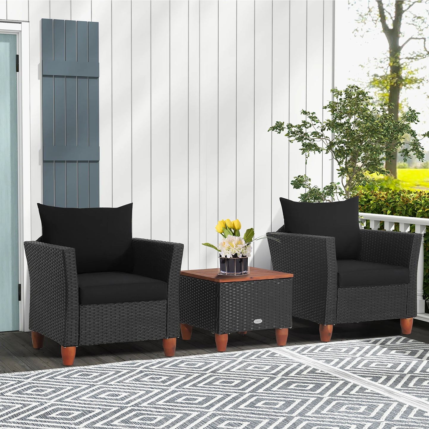 HOMASIS 3-Piece Patio Rattan Furniture Set Cushioned Sofa Storage Table